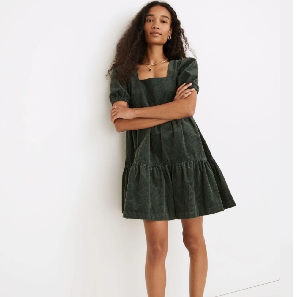 Madewell Forest Green Corduroy Tiered Babydoll‎ Mini Dress Size 0 NWOT $138